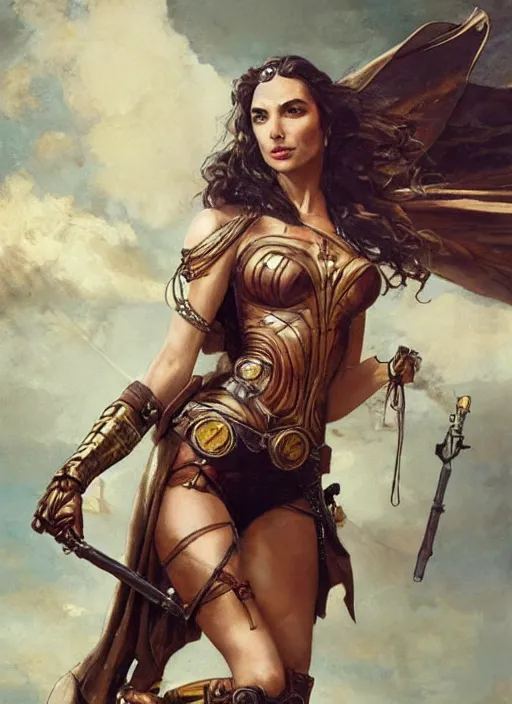 Image similar to oil painting highly detailed steampunk gal gadot action pose : leonardo da vinci, greg rutkowski, magali villeneuve