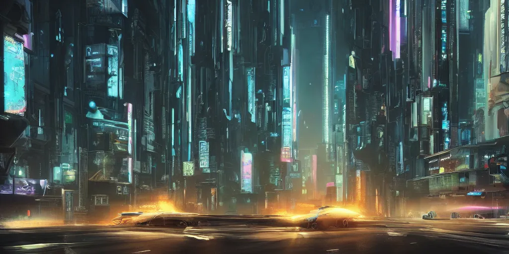 Image similar to a car driving down a street next to tall buildings, cyberpunk art by Vincent Lefevre, cgsociety, retrofuturism, matte painting, reimagined by industrial light and magic