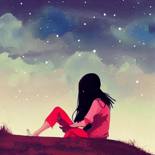 Image similar to woman crying sitting on a hill, outside, night sky, anime style, landscape, by Conrad Roset, digital art, trending on artstation