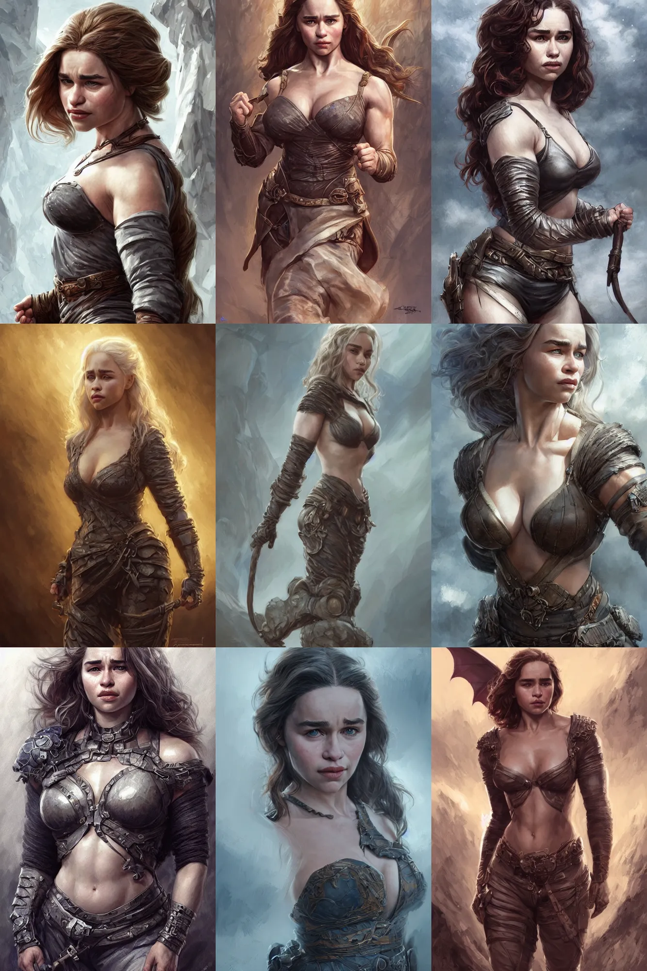 Prompt: muscled Emilia Clarke as a ruggedly handsome heroine, intricate, elegant, highly detailed, centered, digital painting, artstation, concept art, smooth, sharp focus, illustration, art by artgerm and donato giancola and Joseph Christian Leyendecker, Ross Tran, WLOP