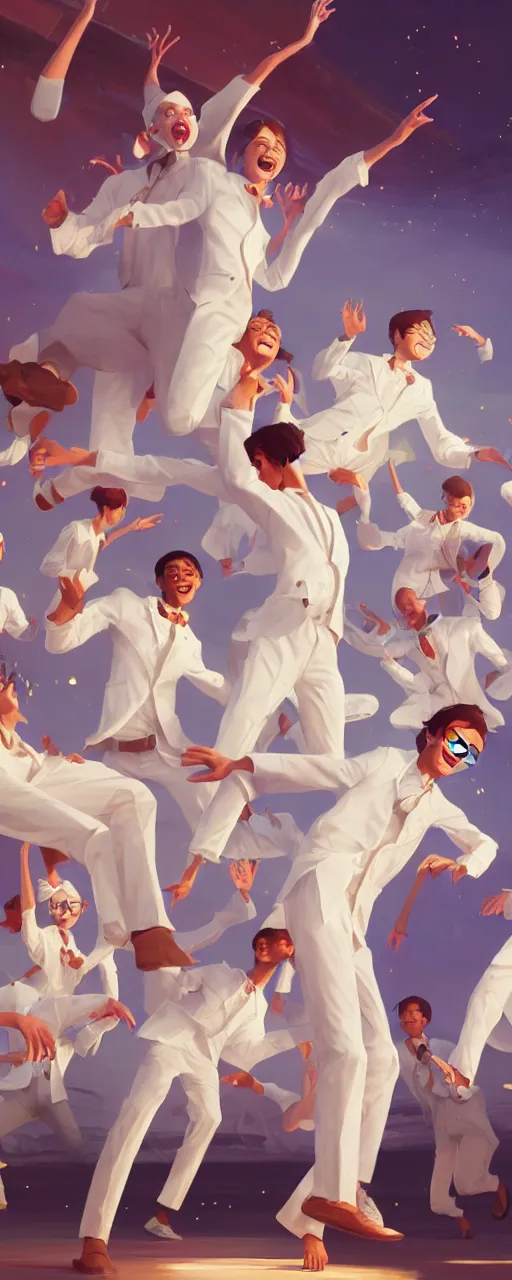 Prompt: excited community of young scientists are happy dancing - wearing white suit, digital art, detailed 8 k behance hd by jesper ejsing, by rhads, makoto shinkai and lois van baarle, ilya kuvshinov, rossdraws global illumination.