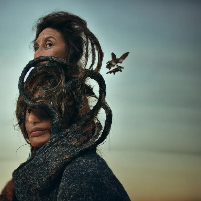 Image similar to closeup portrait of a woman with birds growing out of her face, standing in a desolate apocalyptic city, by Annie Leibovitz and Steve McCurry, natural light, detailed face, CANON Eos C300, ƒ1.8, 35mm, 8K, medium-format print