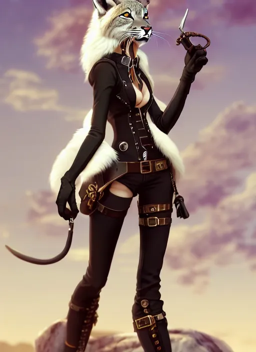 Prompt: wide angle beautiful full body portrait of a strong female anthropomorphic anthro lynx fursona wearing a steampunk leather. from behind, character design by disney, anime, manga, charlie bowater, ross tran, artgerm, and makoto shinkai, detailed, soft lighting, rendered in octane, white fur, white face, lynx facial features