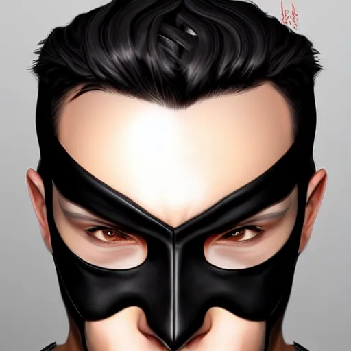 Image similar to man wearing black fabric mask, highly detailed face, character art portrait, deviantart artstation, by artgerm