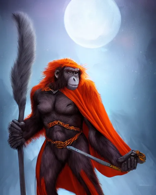 Prompt: fury art, an anthro ape wearing a large cape and a fantasy armor, ice, fiery background, 3 d, 8 k, extremely detailed, trending on furaffinity, trending on artstation, award winning, sharp focus, illustration