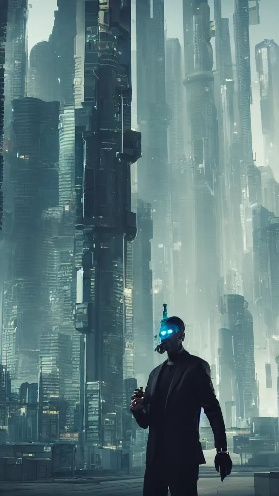 Image similar to a cyberpunk futuristic man smoking cigarettes behind a cyberpunk city, 8 k, sharp, detailed, photorealistic, octane render.