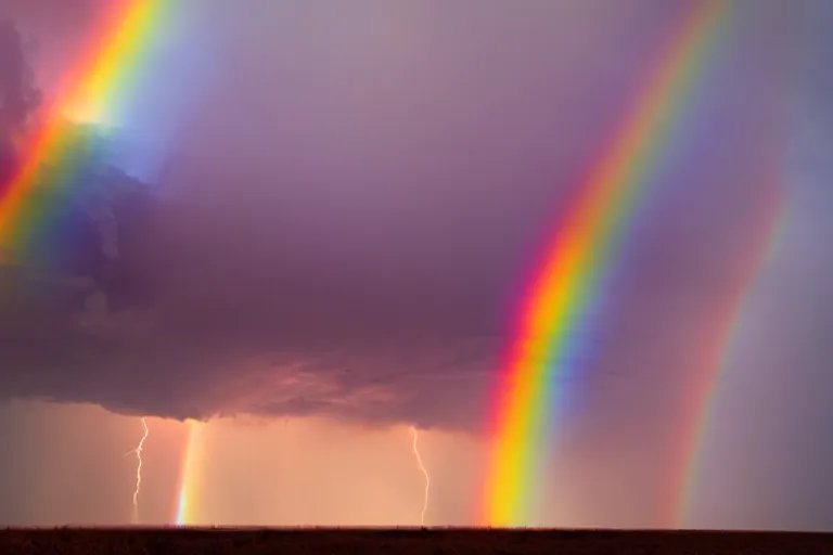 Image similar to a photo of a supercell thunderstorm, rainbow hue, illuminated from various angles by the setting sun, cinematic, mystic hue clouds, breathtaking clouds