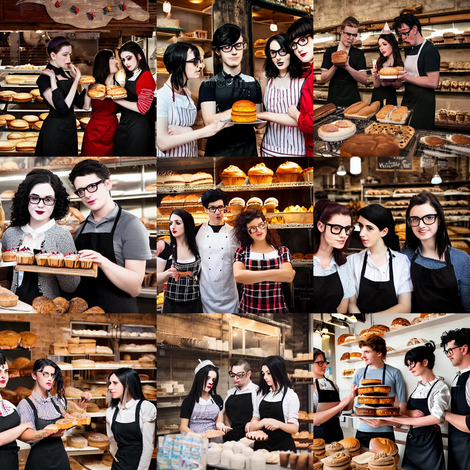 Prompt: Three friends working in a magical bakery, one of the friends is a young man with glasses and black hair, the second friend is a beautiful young woman with brunette hair, the third friend is a cute goth girl with red hair without glasses, wide angle photography, highly detailed and intricate, fantasy bakery interior setting, high resolution photograph