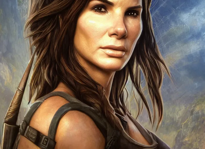 Image similar to face portrait of concentrated young Sandra Bullock as Lara Croft entering the large Minas Tirith gate, sun beams, intricate, elegant, highly detailed, centered, digital painting, artstation, concept art, smooth, sharp focus, illustration, Allan Lee, John Howe