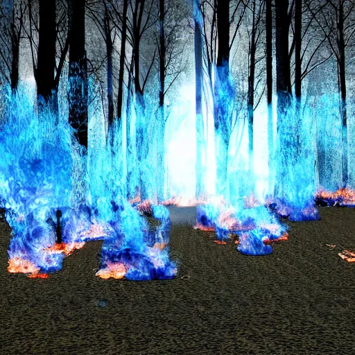 Prompt: a forest burning with blue fire, tragic scene, render