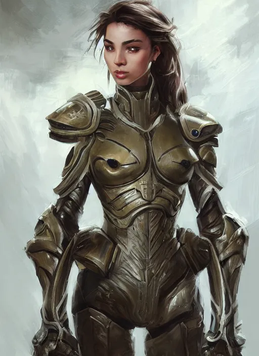 Prompt: a professional painting of a beautiful young female, clothed in military armor, olive skin, long dark hair, beautiful bone structure, symmetrical facial features, intricate, elegant, digital painting, concept art, smooth, sharp focus, illustration, from StarCraft by Ruan Jia and Mandy Jurgens and Artgerm and William-Adolphe Bouguerea