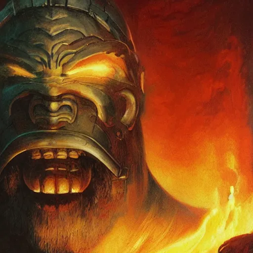 Prompt: head and shoulders portrait of a helmed fire giant with a giant sword, d & d, fantasy, greg rutkowski, frank frazetta, alexandre chaudret, boris vallejo, michael whelan, miro petrov, hr giger, magali villeneuve, donato giancola