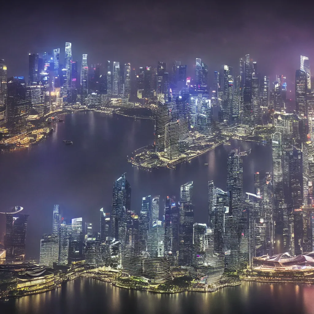 Prompt: blade runner style scenery in singapore with marina bay sands in photorealistic detail hd 8 k