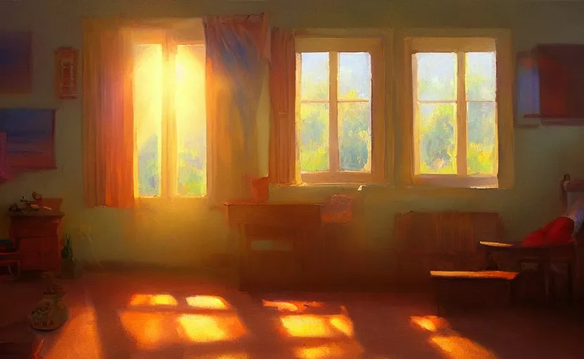 Prompt: happy morning and the rays of the morning sun shining through the window of the village house clear sky, warm colors, happy mood, oil painting, high detail, trending on artstation