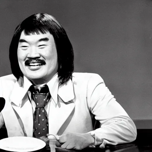 Prompt: Genghis Khan hosting Saturday Night Live in 1975, black and white