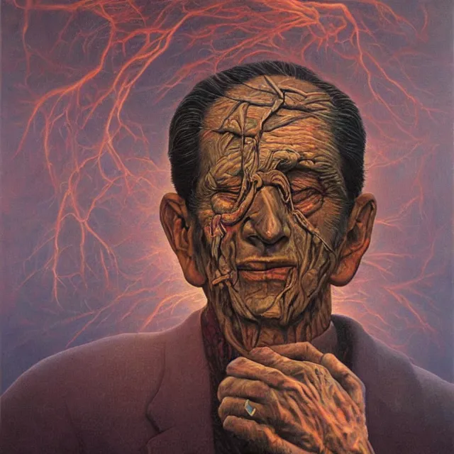 Prompt: an oil on canvas portrait painting of ted cruz, surrealism, surrealist, cosmic horror, rob gonsalves, beksinski, high detail