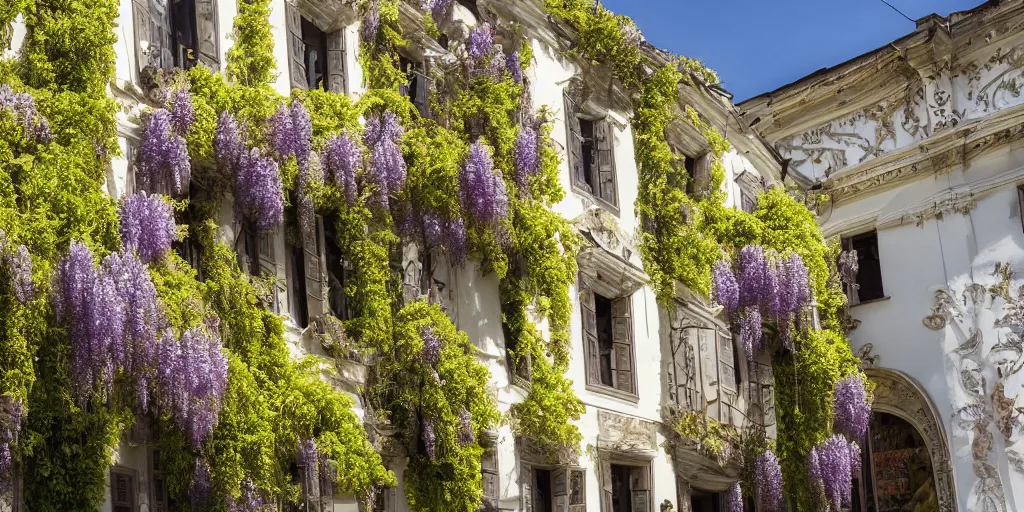 Image similar to photo of a rococo house with wisteria flowers, wallpaper, arhitectural shot, national geographic, award arhitectural photography, professional arhitectural photography, sunny, day time, beautiful, warm light, fernando guerra, tekla evelina severin, karen vikke