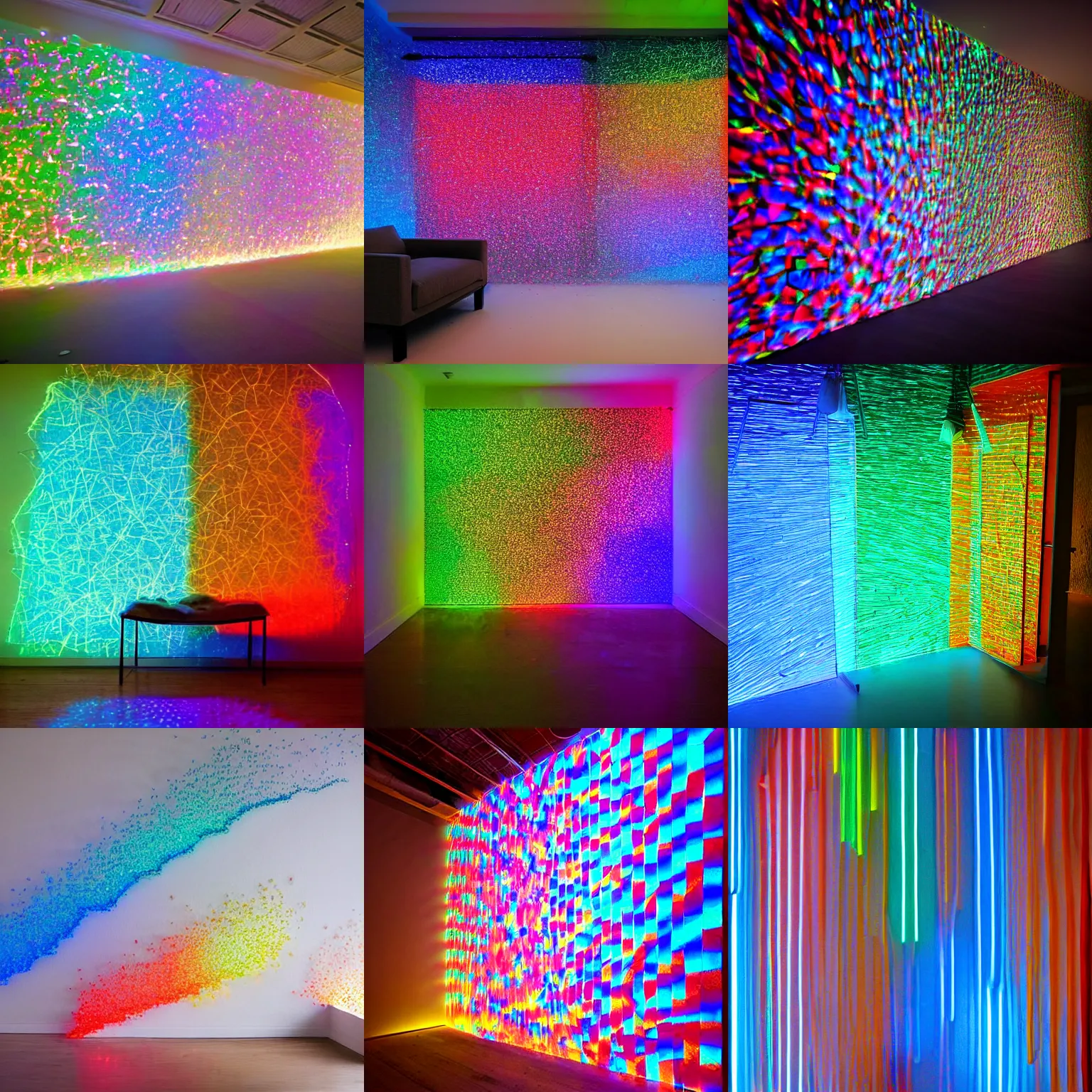 Prompt: mesmerizing light installation made of colored glass shards dropping colored shadows on the wall by chris wood, dark, moody and cinematic