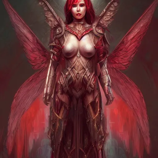 Image similar to woman - unicorn hybrid red angel - wings, stunning, thick armor that covers everything, shocked very wide open eyes very open eyes, realistic, symmetric portrait, face, intricate, very detailed, fantasy digital art, trending in artstation, marc simonetti