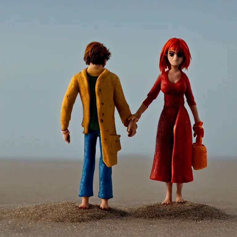 Prompt: a cinematic film still of a claymation stop motion film eternal sunshine of the spotless mind joel and clementine on the beach, shallow depth of field, 8 0 mm, f 1. 8