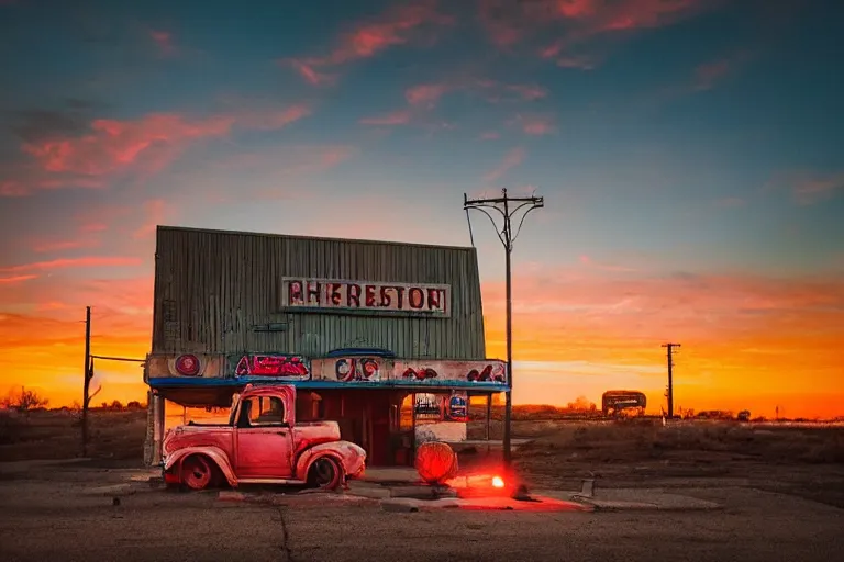 Image similar to a sunset light landscape with historical route 6 6, lots of sparkling details and sun ray ’ s, blinding backlight, smoke, volumetric lighting, colorful, octane, 3 5 mm, abandoned gas station, old rusty pickup - truck, beautiful epic colored reflections, very colorful heavenly, softlight