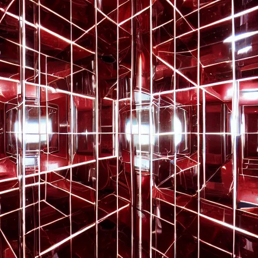 Prompt: chrome spheres on a red cube, hall of mirrors