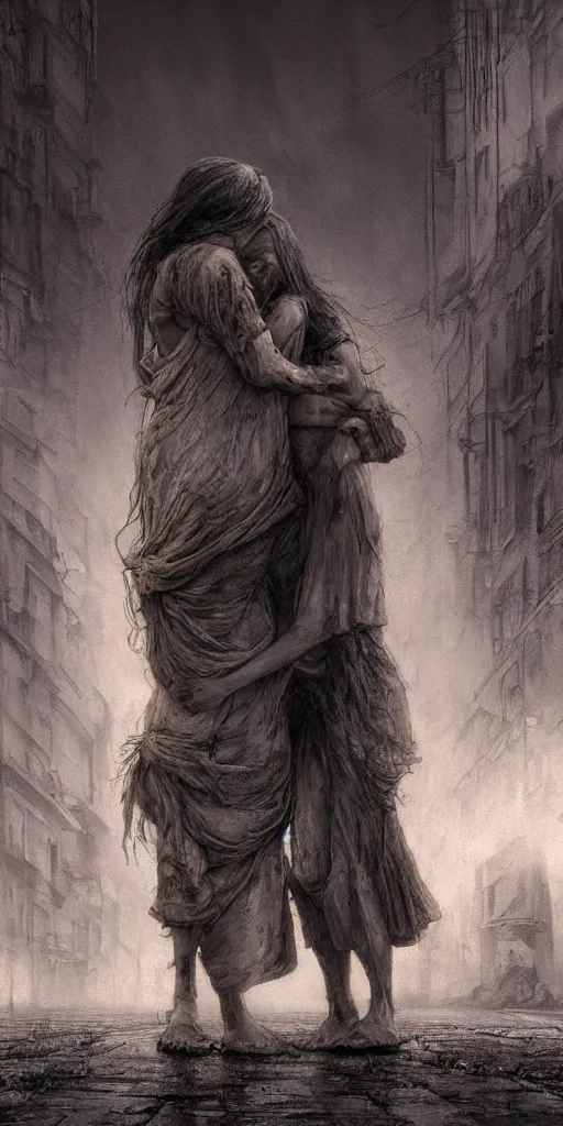 Prompt: death child and women hugging in an empty street, in the style of keith thompson and zdzislaw beksinski, artstation hd, 8 k, surrealistic digital artwork, post apocalyptic street