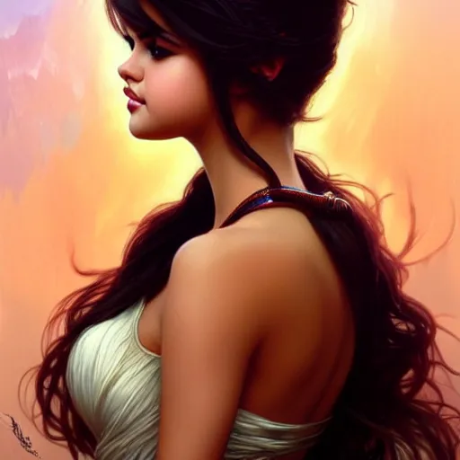 Prompt: selena gomez, beauty expressive pose, fantasy, intricate, elegant, highly detailed, digital painting, artstation, concept art, smooth, sharp focus, illustration, art by artgerm and greg rutkowski and alphonse mucha