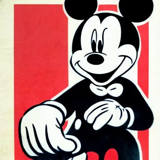 Image similar to mickey mouse in military uniform. art work. german ww 2 propaganda poster. red armband with disney symbol. dark, hyper realistic by barloe