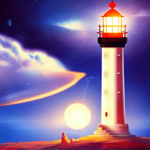 Image similar to lighthouse in space, digital art, artstation, devinart, light colors,