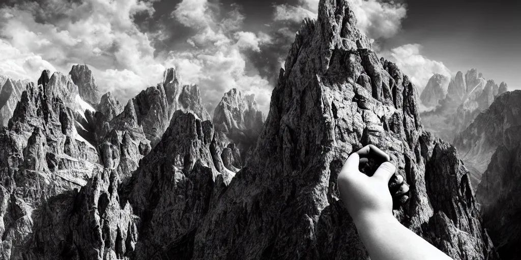 Prompt: ego perspective photography of hands holding climbing mountain in the dolomites, climbing, dolomites, alpine, detailed intricate insanely detailed octane render, 8k artistic 1920s photography, photorealistic, black and white, chiaroscuro, hd, by David Cronenberg, Raphael, Caravaggio