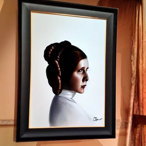 Prompt: black velvet painting of princess leia, photorealism,