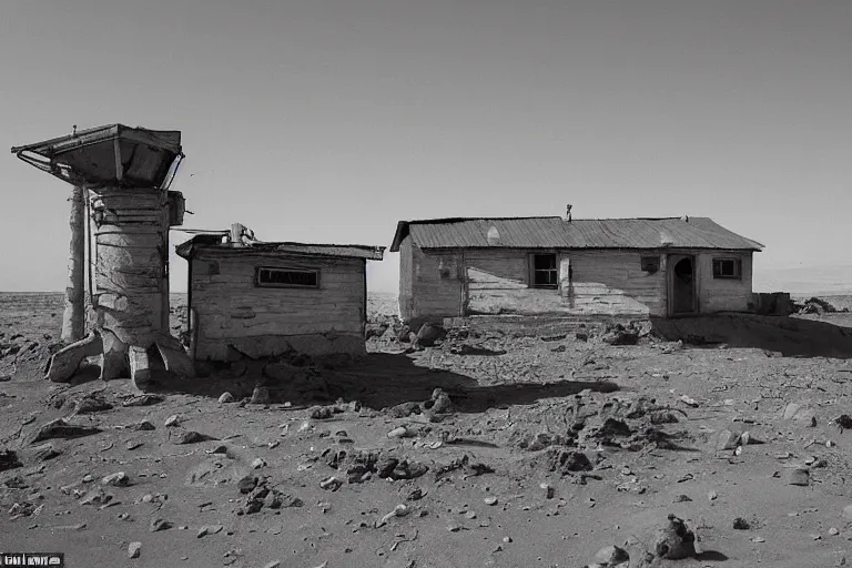 Image similar to an old rickety Soviet village house stands alone on Mars next to which a local resident stands and waves his hand, colourful