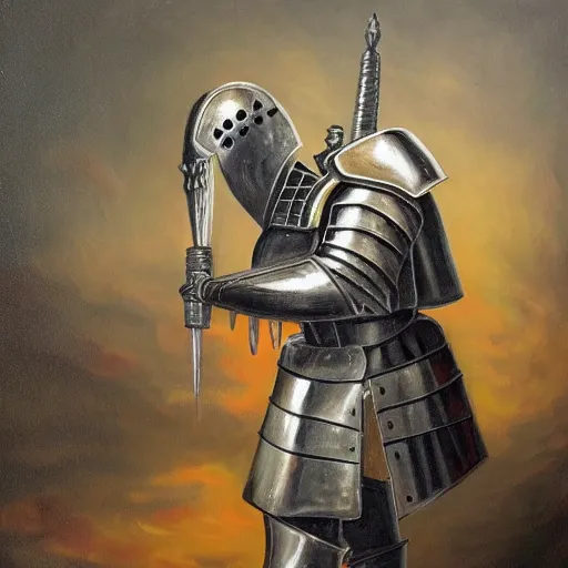 Image similar to a detaild oil painting of a full armored knight kissing a cannabis leaf