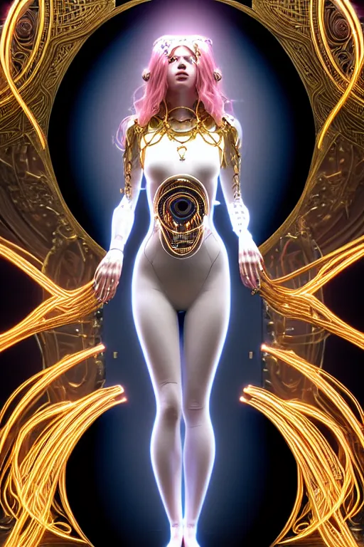 Image similar to symmetrical feminine cyborg goddess rendered in Octane, elegant and ornate futuristic silk robes, held aloft by thousands of glowing wires, glowing white neon eyes, platinum and golden flowing long hair, art by Artgerm and Alphonse Mucha, hyperrealism, full body photorealistic shot, digital render, cinematic lighting ornate jewelry, 8k resolution, masterpiece work