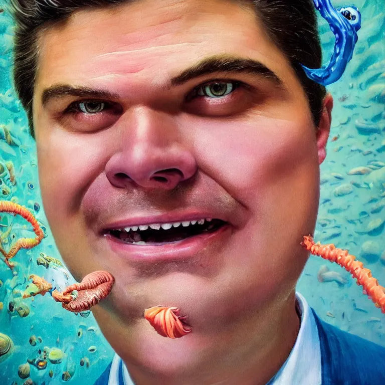 Image similar to Hyperrealistic intensely colored close up studio Photograph portrait of deep sea bioluminescent Congressman Matt Gaetz, symmetrical face realistic proportions eye contact, Grinning in a coral reef underwater tentacles barnacles, award-winning portrait oil painting by Norman Rockwell and Zdzisław Beksiński vivid colors high contrast hyperrealism 8k