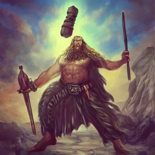 Prompt: a giant eldritch Viking deity holding a hammer