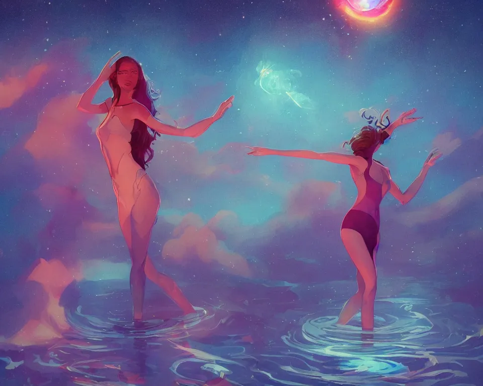 Image similar to beautiful fantastical girl standing in a lake basking in the moonlight, casting a spell, underneath a multi-colored binary blackhole with an accretion disc, glowing trails following her arms, wearing professional makeup, synthwave, by Lois van Baarle, by Greg Rutkowski, by artgerm, by beeple, by studio ghibli, cinematic angle, volumetric lighting, 4k resolution, octane render, trending on artstation, masterpiece