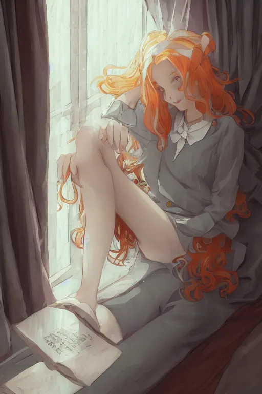 Image similar to a teenage girl in a jk uniform outfit in the bedroom reading a book in a night, raining outside the window, grey and orange theme ， wavy white long hair, by krenz cushart and mucha and akihito yoshida and greg rutkowski and wlop, detailed eyes, 4 k resolution