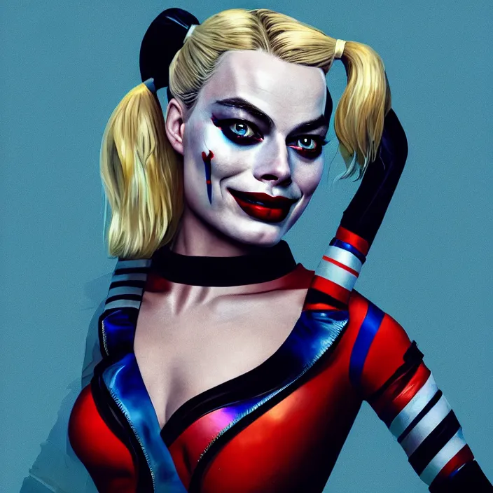 Image similar to portrait of Margot Robbie as a harley quinn. intricate abstract. intricate artwork. by Tooth Wu, wlop, beeple, dan mumford. octane render, trending on artstation, greg rutkowski very coherent symmetrical artwork. cinematic, hyper realism, high detail, octane render, 8k, iridescent accents