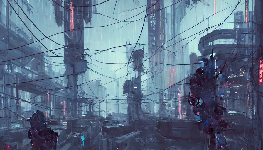 Prompt: a detailed concept painting of half a robot torso hanging by wires in a desolate cyberpunk environment filled with computers, soft lighting, digital art, artstation, oil on canvas