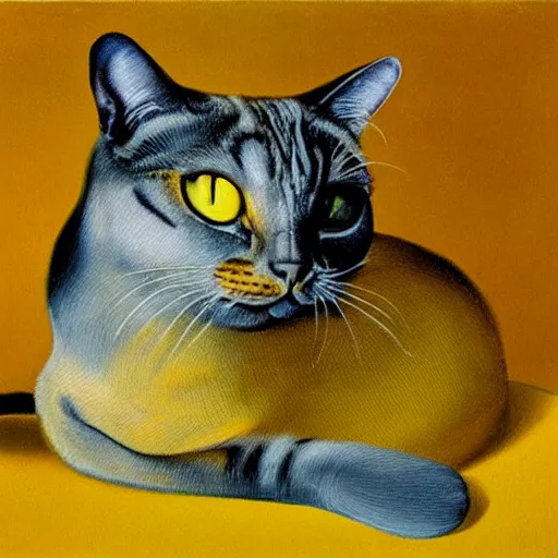 Prompt: A portrait of a grumpy seamese cat. Yellow gradient background. Oil painting by Salvador Dali