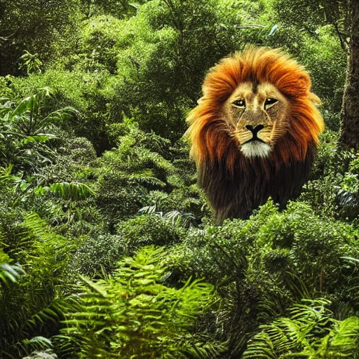 Prompt: unearthly speckled lion, in a lush alien forest filled with glowing unfamiliar flora, award - winning photography