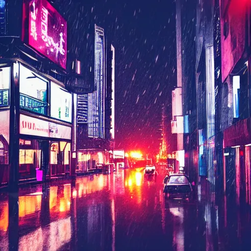 Prompt: a city street at night, raining, photograph, cars on the road, cyberpunk