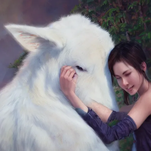 Prompt: a person hugging!!! a large white animal, a detailed painting by krenz cushart, pixiv contest winner, fantasy art, official art, detailed painting, pixiv. highly detailed. 4 k masterpiece. unreal engine. photorealistic. realism. cinematic. photorealism. wideshot