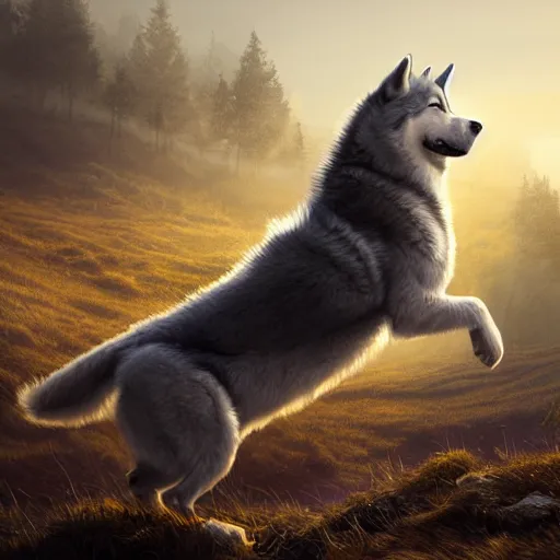 Image similar to light grey husky jumps over hill, intricate, epic lighting, cinematic composition, hyper realistic, 8 k resolution, unreal engine 5, by artgerm, tooth wu, dan mumford, beeple, wlop, rossdraws, james jean, marc simonetti, artstation