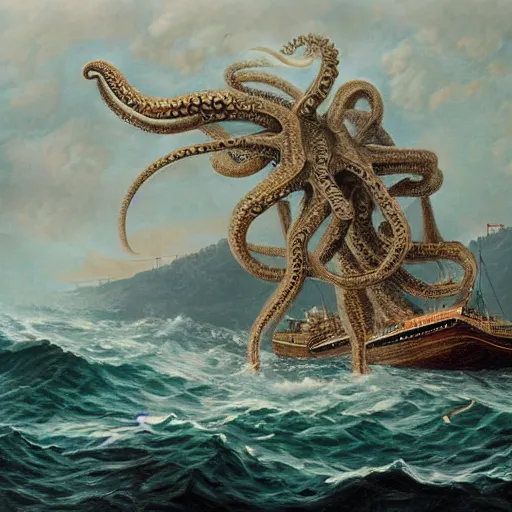 Image similar to hyper detailed painting of a ship being sunk by a giant octopus