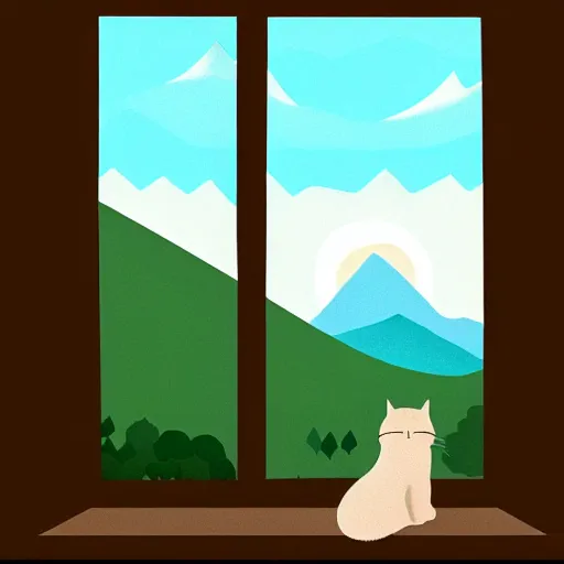 Image similar to a beautiful landscape including mountains and plains through a window, cat sitting on the edge of the window, illustration, digital art, trending on artstation, no signature