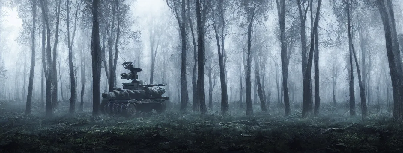 Prompt: night dark foggy forest with military robots with strong lights searching for hidden human soldiers, postapocalyptic style, heavy rain, reflections, high detail, dramatic moment, motion blur, dense ground fog, dark atmosphere, saturated colors, by darek zabrocki, render in unreal engine - h 7 0 4