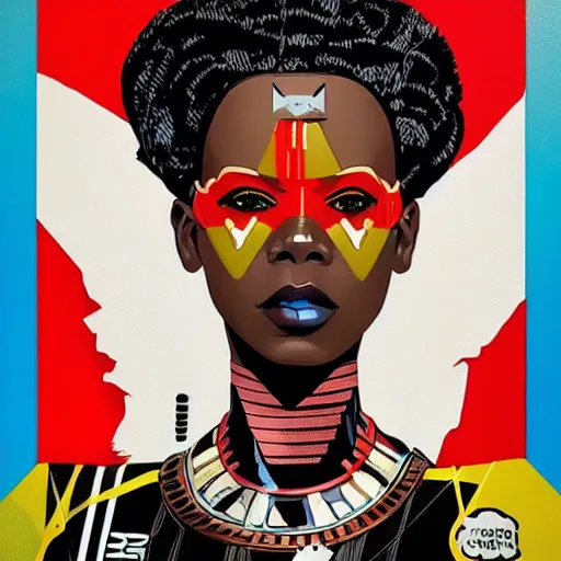 Image similar to portrait of a zulu female android, by MARVEL comics and Sandra Chevrier
